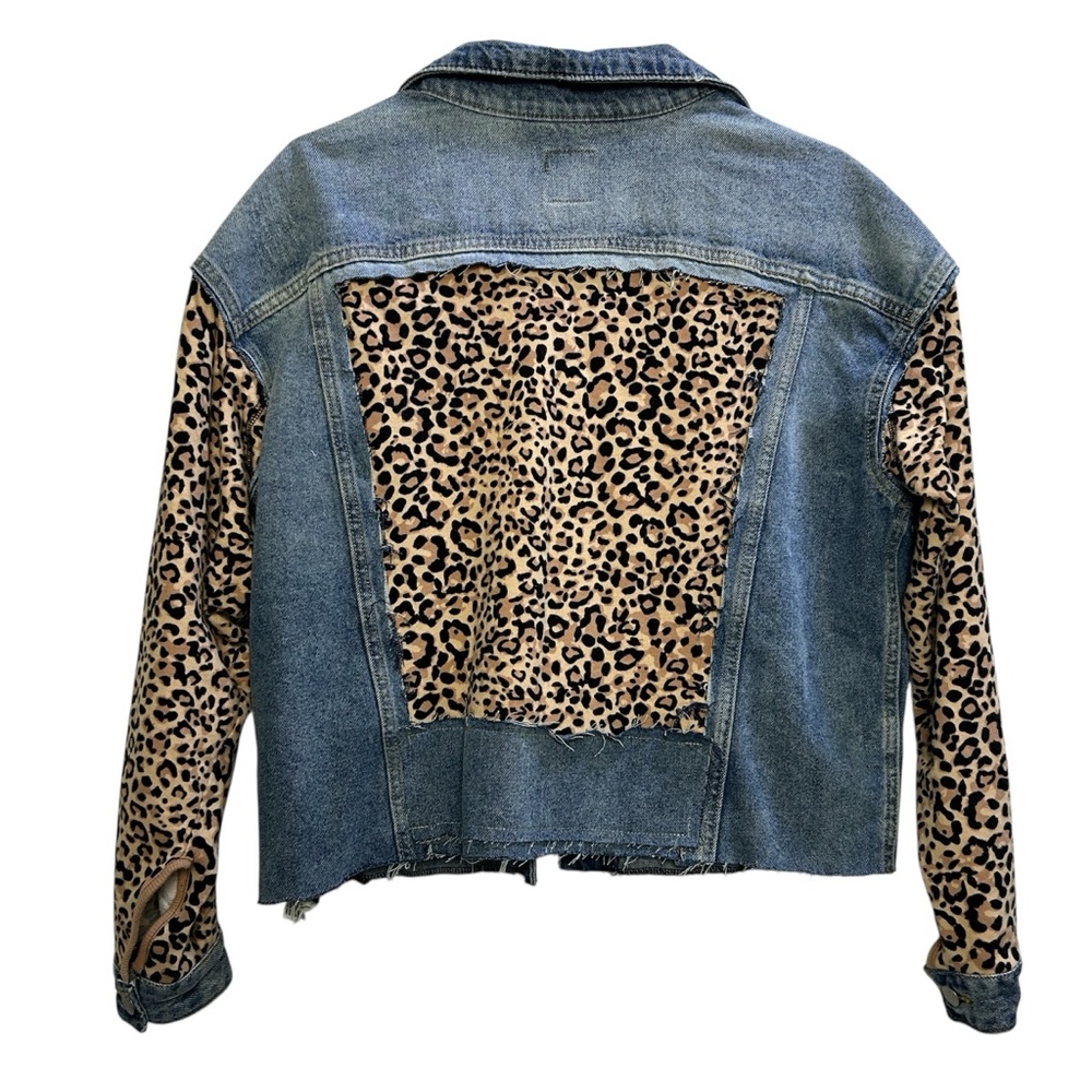 Upcycled OOAK Mixed Media Denim Jean Jacket SZ M/L Cheetah Print Sleeves & Inlay